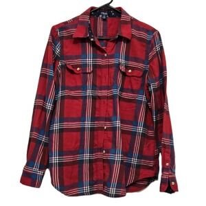 CHAPS Denim Women's L Plaid Shirt Button Front Floral Accent Cuff FIT IS SMALL